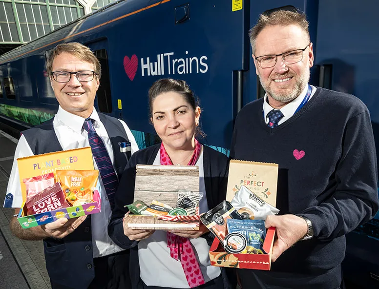 Hull Trains onboard team with the brand new snack boxes available onboard