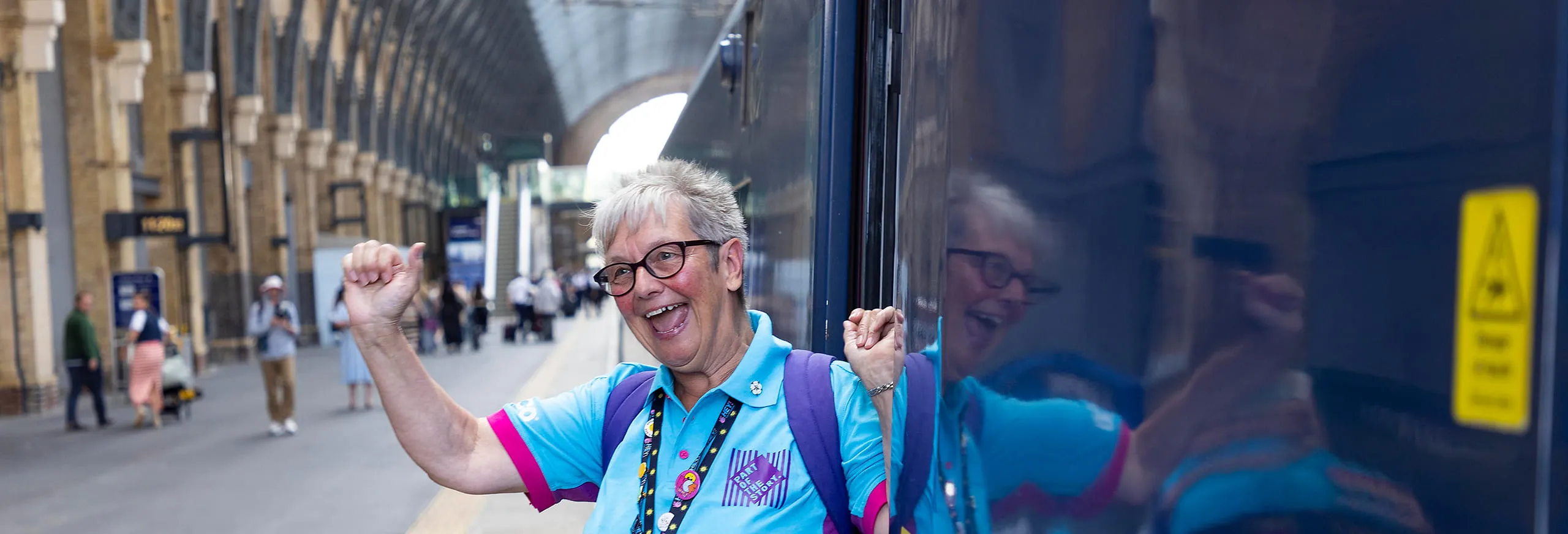 A member of the HEY Volunteering group onboard a Hull Trains service at London Kings Cross