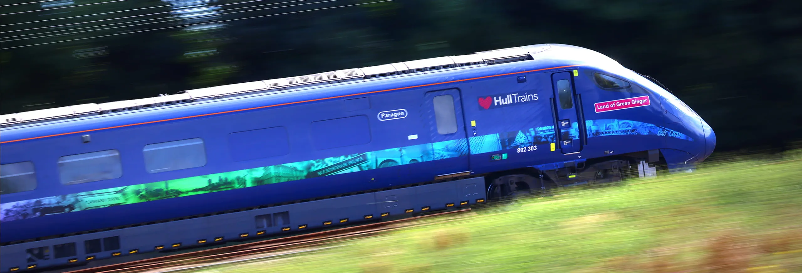 A photo of a Hull Trains service travelling fast along the route