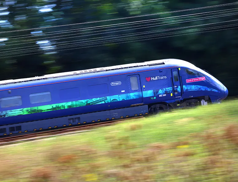 A photo of a Hull Trains service travelling fast along the route