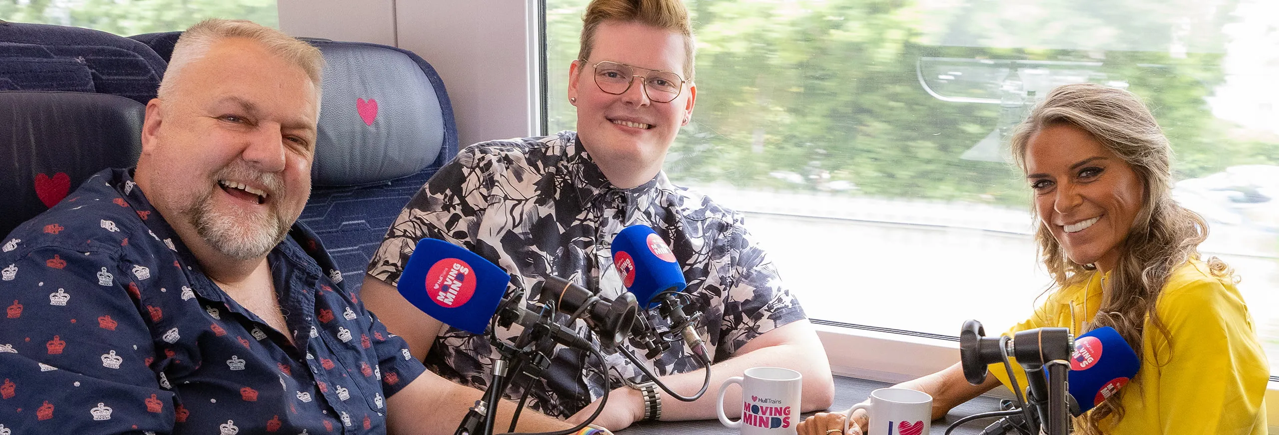 Hull Trains Moving Minds podcast host Gemma with guests Andy and Lee onboard a Hull Trains service
