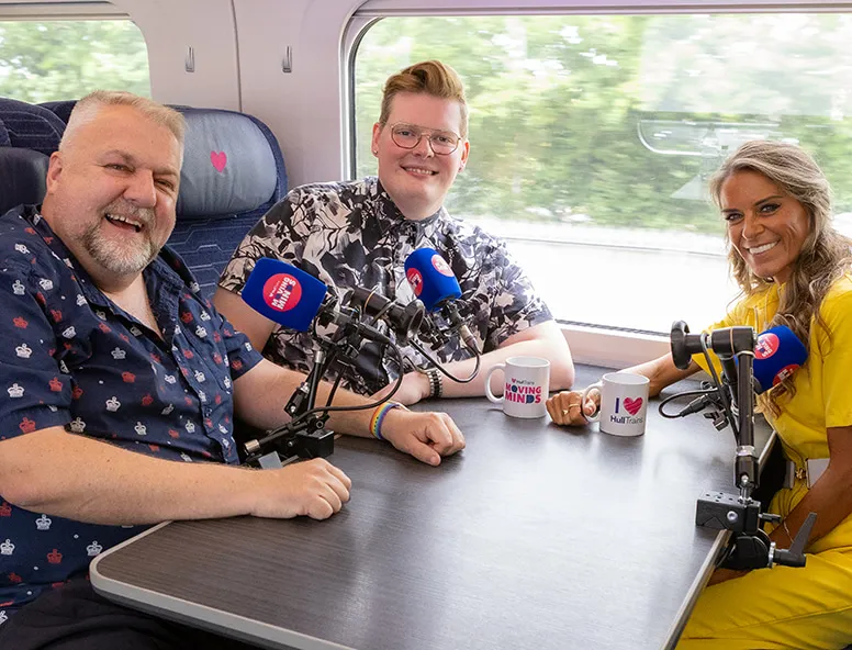 Hull Trains Moving Minds podcast host Gemma with guests Andy and Lee onboard a Hull Trains service
