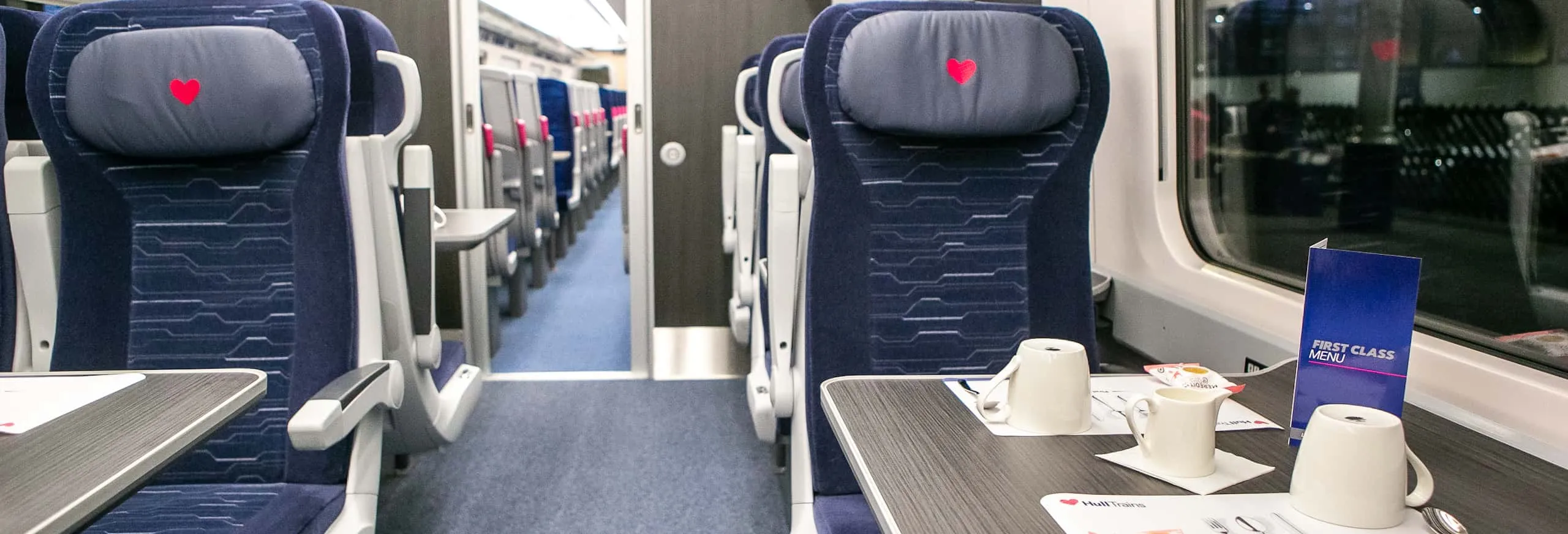 Hull Trains Paragon first class carriage and first class menu 