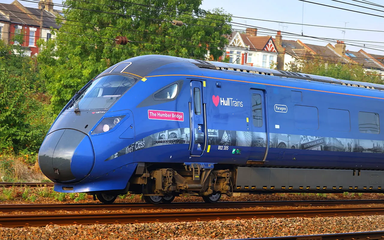 Hull Trains service with London buildings in the background