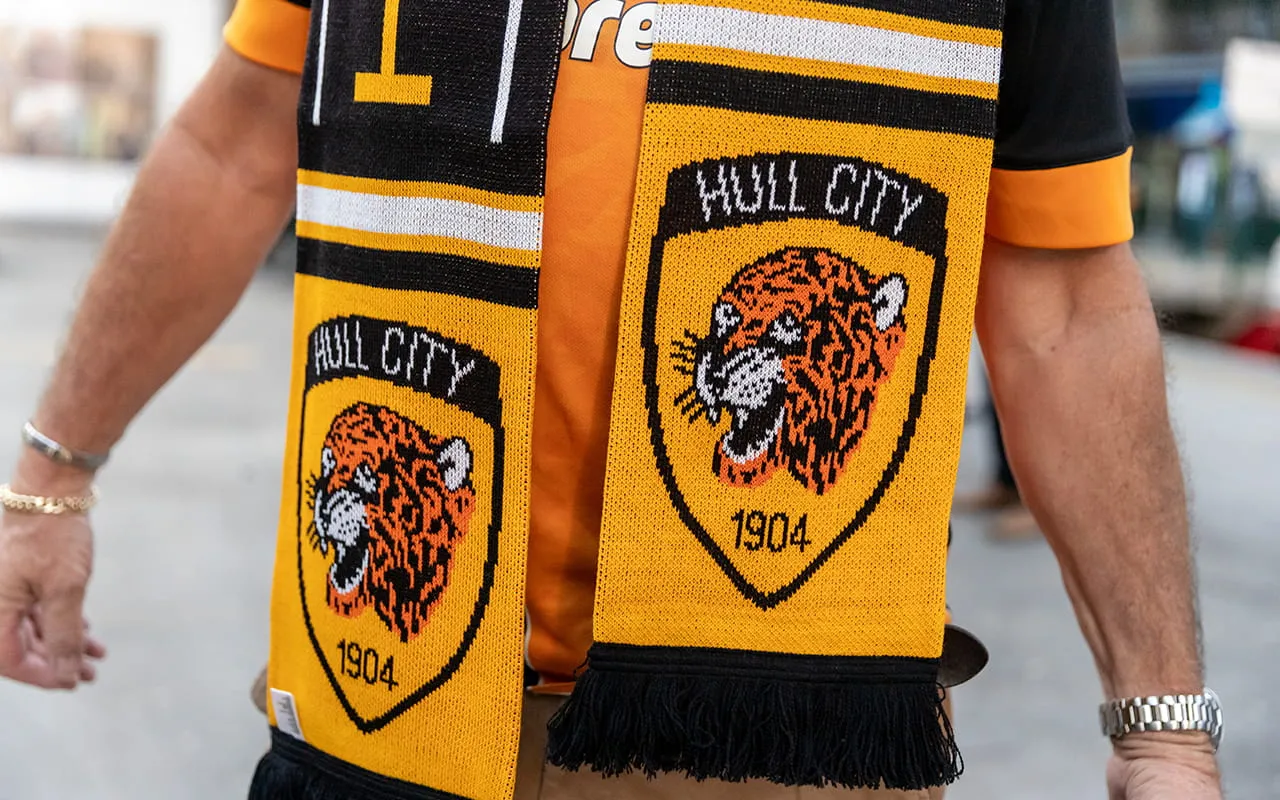 A close up of a Hull City scarf