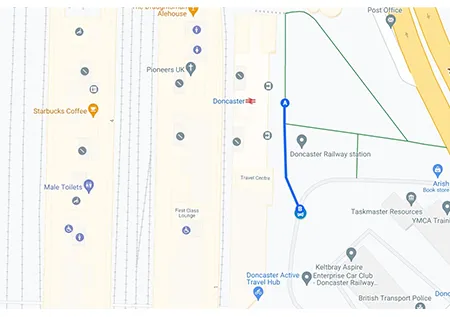 Doncaster station rail replacement stop location on a map
