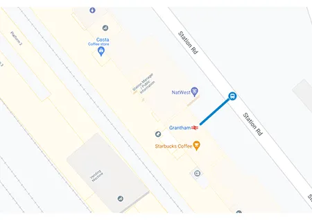 Grantham station rail replacement stop location on a map