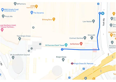 London Kings Cross station rail replacement stop location on a map