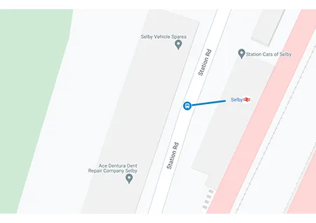 Selby station rail replacement stop location on a map